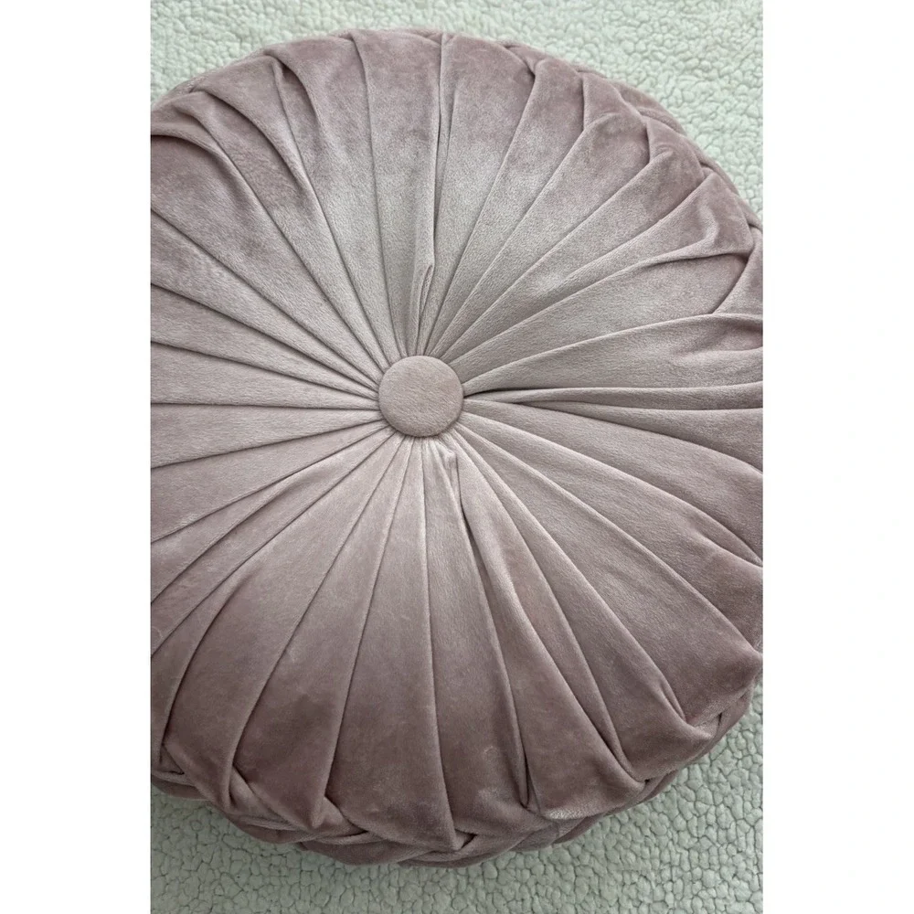 Round Velvet Throw Pillow Pumpkin Light Pink Blush Tufted Pleated Cushion Decor